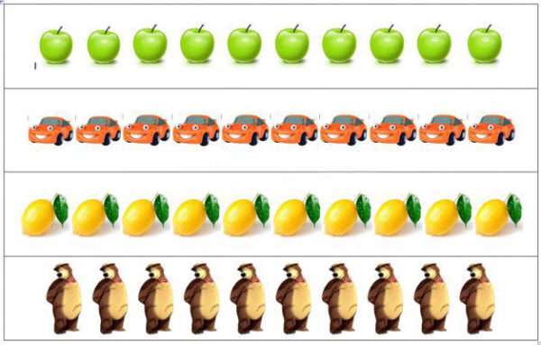 Лист с четырьмя рядами картинок: яблоки, автомобили, лимоны, медведи