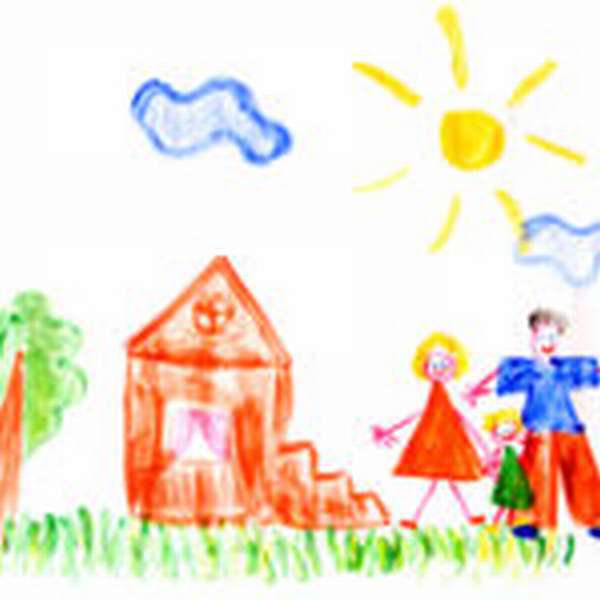 Детский рисунок мама, папа, сын возле домика