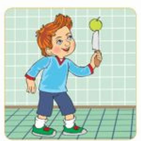 Рисунок с изображением ребёнка с ножом и яблоком в руке