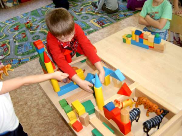 Дети строят зоопарк из деревянных фигурок